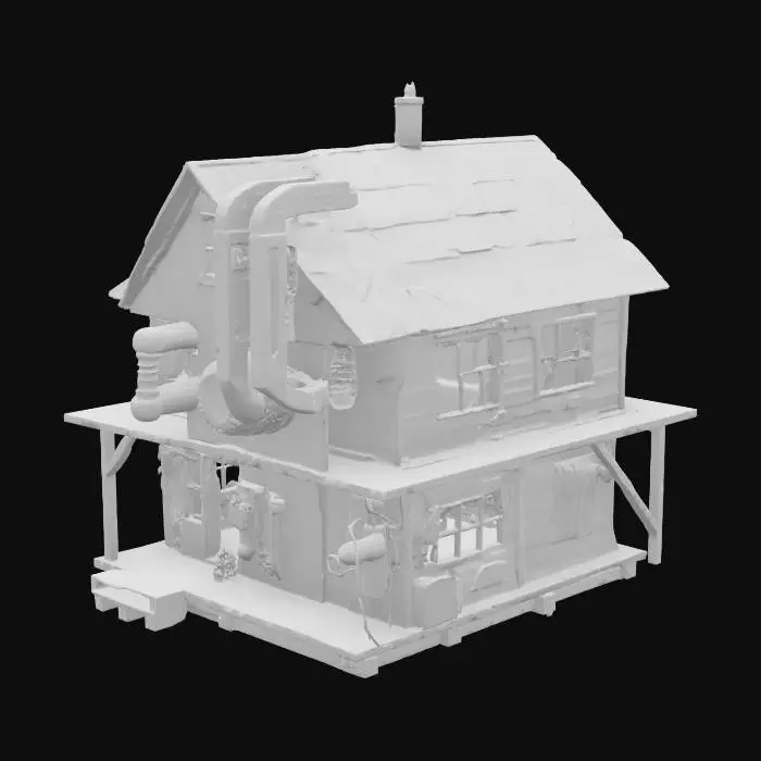 3D model for generate an abandon old wooden building, that's been reconfigured with futuristic robotic, survival base parts.