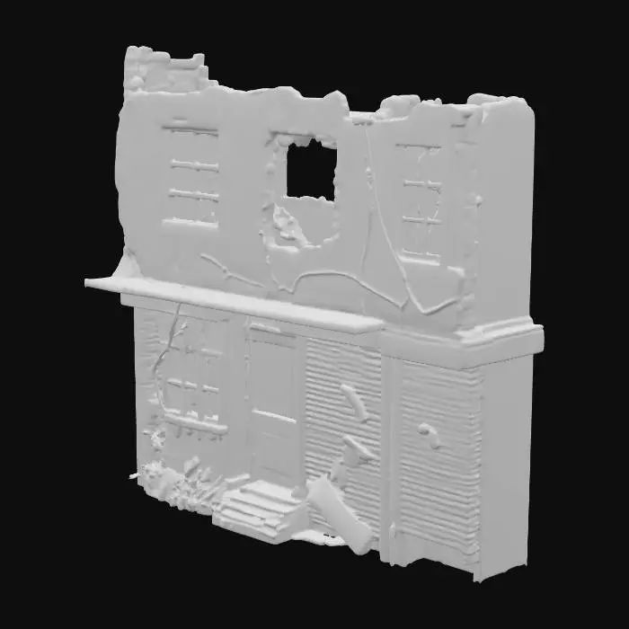3D model for A ruined store building, its concrete walls partially collapsed and scarred by explosions. Jagged rebar protrudes from fractured beams, and shattered glass litters the ground. The remaining brickwork is blackened with soot and dust, revealing gaping holes where windows once stood. Twisted metal shutters hang precariously, creating a desolate and dangerous structure with rough, crumbling textures and a pervasive sense of destruction.