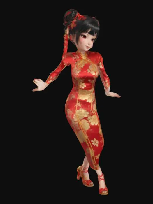 3D model for A tall girl. The black hair is tied into two buns with red ribbons, and two braided hair hangs from the buns. Wearing a cheongsam with red gold trim and golden floral decoration. Wearing a pair of red high heels. Make a T-pose