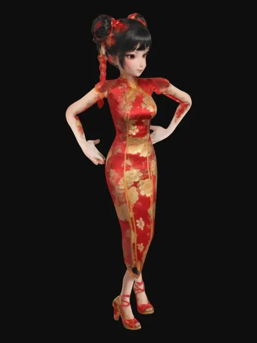 3D model for A tall girl. The black hair is tied into two buns with red ribbons, and two braided hair hangs from the buns. Wearing a cheongsam with red gold trim and golden floral decoration. Wearing a pair of red high heels. Make a T-pose