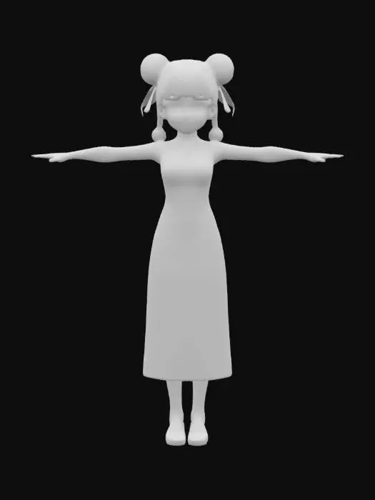 3D model for A tall girl. The black hair is tied into two buns with red ribbons, and two braided hair hangs from the buns. Wearing a cheongsam with red gold trim and golden floral decoration. Wearing a pair of red high heels. Make a T-pose