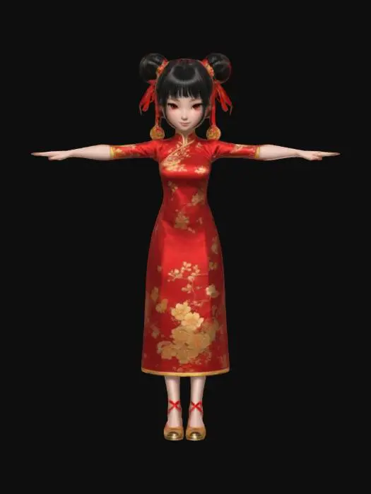 3D model for A tall girl. The black hair is tied into two buns with red ribbons, and two braided hair hangs from the buns. Wearing a cheongsam with red gold trim and golden floral decoration. Wearing a pair of red high heels. Make a T-pose