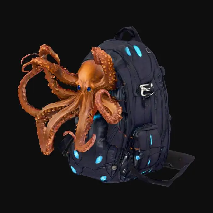 3D model for ein rucksack, dystopian, aus dem die arme einer krake herausragen