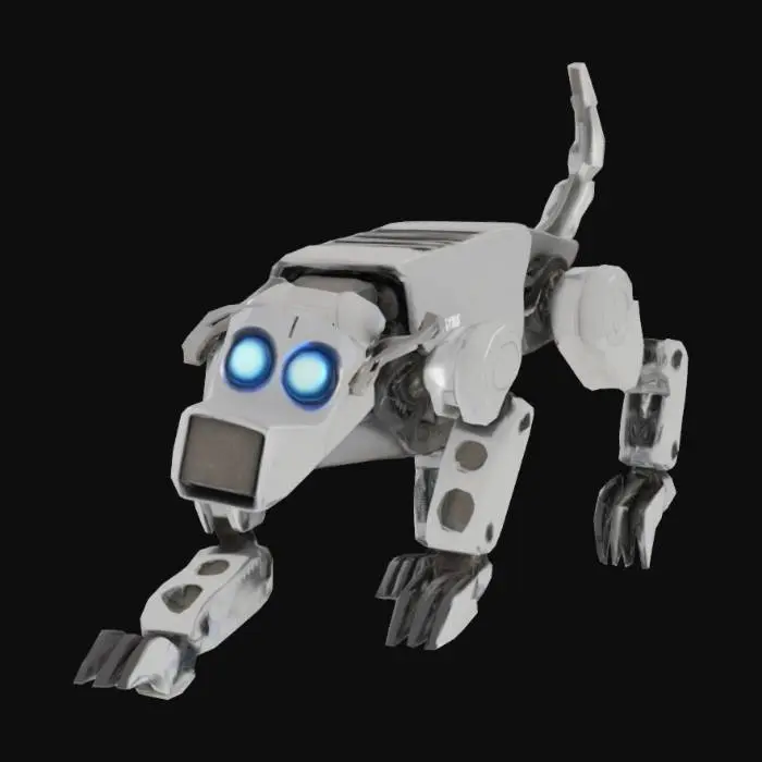 3D model for The object resembles a robotic, boxy dog with rectangular geometry, metallic texture, and features like a protruding snout and circular eyes.,