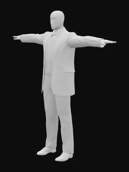3D model for A featureless, humanoid mannequin stands rigidly in a classic T-pose, its smooth, matte white synthetic surface entirely blank where a face would be. It is clad in a dark navy blue FBI-style uniform, comprising a structured jacket, trousers, and a light blue collared shirt. The uniform's woven fabric appears crisp and slightly stiff, giving it an authoritative drape. The mannequin's blank head and unyielding posture emphasize its impersonal, utilitarian form.