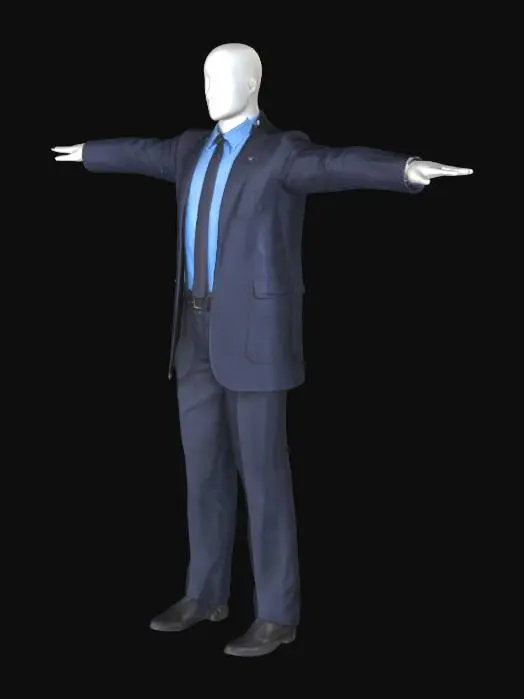 3D model for A featureless, humanoid mannequin stands rigidly in a classic T-pose, its smooth, matte white synthetic surface entirely blank where a face would be. It is clad in a dark navy blue FBI-style uniform, comprising a structured jacket, trousers, and a light blue collared shirt. The uniform's woven fabric appears crisp and slightly stiff, giving it an authoritative drape. The mannequin's blank head and unyielding posture emphasize its impersonal, utilitarian form.