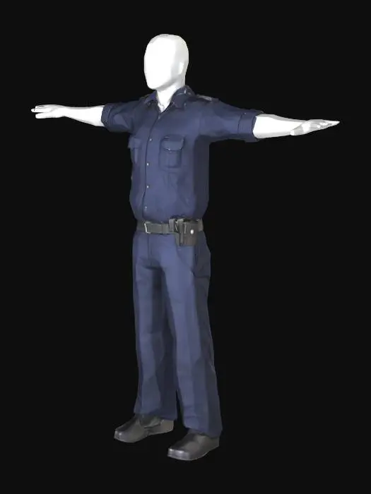 3D model for A stark, featureless mannequin stands rigidly in a perfect T-pose, its smooth, matte white synthetic skin completely devoid of any facial details. It is clad in a dark blue police uniform, consisting of a structured shirt with pockets, dark trousers, and a utility belt. The fabric of the uniform appears durable and slightly stiff, presenting a crisp, official appearance. The mannequin's blank head and static posture emphasize its impersonal and functional form.