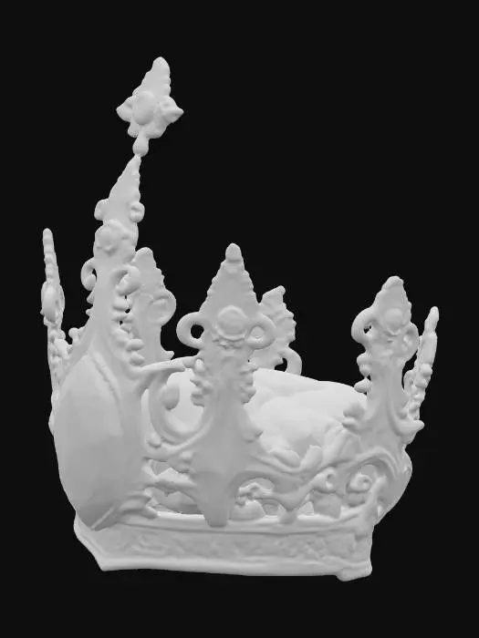 3D model for A realistic medieval fantasy ornamental relic shaped like an ornate tiara or crown, with a large crimson gemstone embedded at its center. Crafted from antique gold and silver with intricate engravings and filigree details, slightly aged but noble in appearance. The crimson gemstone glows faintly with a mystical aura, evoking a sacred and divine atmosphere reminiscent of Lost Ark’s Elgasia aesthetics. Low-poly game-ready prop with baked PBR textures (albedo, normal, roughness, metallic, emissive), optimized for real-time rendering.
