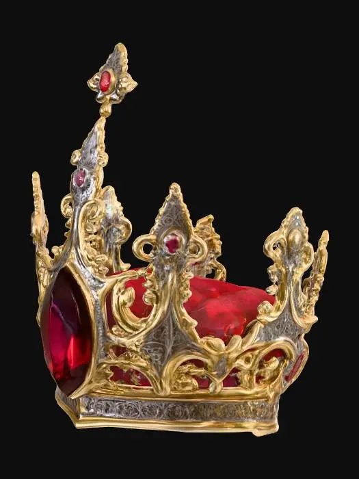 3D model for A realistic medieval fantasy ornamental relic shaped like an ornate tiara or crown, with a large crimson gemstone embedded at its center. Crafted from antique gold and silver with intricate engravings and filigree details, slightly aged but noble in appearance. The crimson gemstone glows faintly with a mystical aura, evoking a sacred and divine atmosphere reminiscent of Lost Ark’s Elgasia aesthetics. Low-poly game-ready prop with baked PBR textures (albedo, normal, roughness, metallic, emissive), optimized for real-time rendering.
