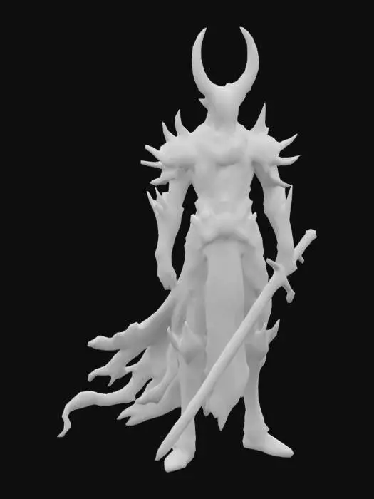 3D model for Create a detailed 3D model of the Hollow Knight from the game Hollow Knight. The model should feature the character's iconic pale appearance, with a simple yet expressive face and a distinctive horned helmet. Include the character's cloak and sword, paying attention to the textures that reflect the game's hand-drawn art style. The Hollow Knight should be posed in a dynamic stance, ready for battle, set against a dark and atmospheric background that captures the essence of Hallownest