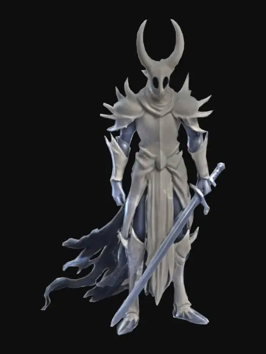 3D model for Create a detailed 3D model of the Hollow Knight from the game Hollow Knight. The model should feature the character's iconic pale appearance, with a simple yet expressive face and a distinctive horned helmet. Include the character's cloak and sword, paying attention to the textures that reflect the game's hand-drawn art style. The Hollow Knight should be posed in a dynamic stance, ready for battle, set against a dark and atmospheric background that captures the essence of Hallownest