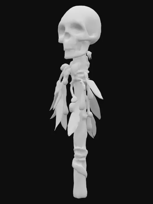 3D model for Twisted gnarled wood voodoo staff, topped with a cracked skull decorated with ritual symbols and glowing eyes, wrapped in leather and bone charms, adorned with feathers, beads, and shrunken heads, dark tribal aesthetic, game-ready fantasy prop, full body, stylized realism