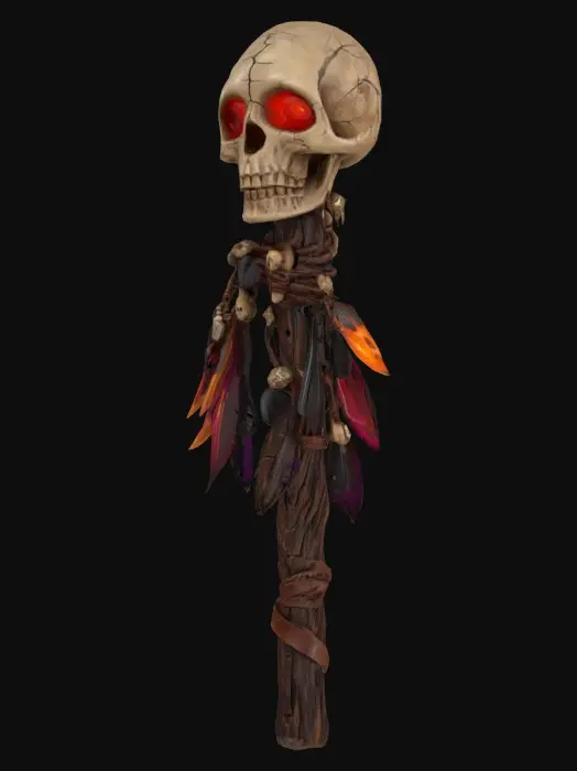 3D model for Twisted gnarled wood voodoo staff, topped with a cracked skull decorated with ritual symbols and glowing eyes, wrapped in leather and bone charms, adorned with feathers, beads, and shrunken heads, dark tribal aesthetic, game-ready fantasy prop, full body, stylized realism