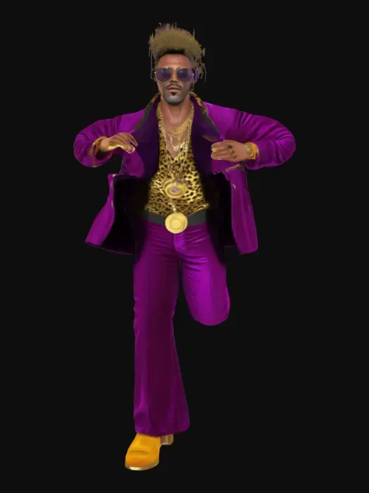 3D model for Full-body funky disco pimp character, oversized purple velvet suit with flared pants, golden platform boots, leopard-print wide collar shirt, massive afro hairstyle, tinted sunglasses, gold medallions and rings, confident pose, 1970s retro fashion with exaggerated proportions, stylized realism, game-ready NPC asset