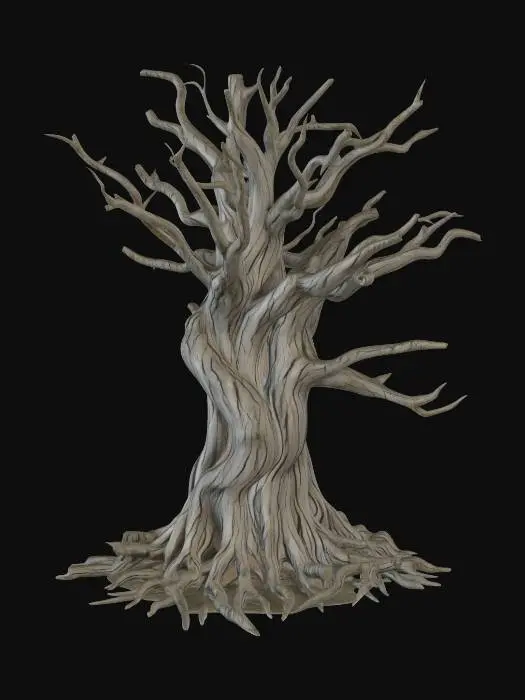 3D model for 一个高保真的3D写实欧洲橡树模型。几何体主体为一棵粗壮、扭曲的古树，树干带有明显的螺旋状纹理和节疤，根部盘根错节，裸露在地面。树枝向四周不规则伸展，形成宽阔、伞状的树冠。叶片为典型的橡树叶形，边缘带有圆钝的裂片，密集生长在枝条末端。整体结构强调树木的体积感和沧桑感，无颜色信息，仅关注高精度的几何细节和自然的生长姿态。