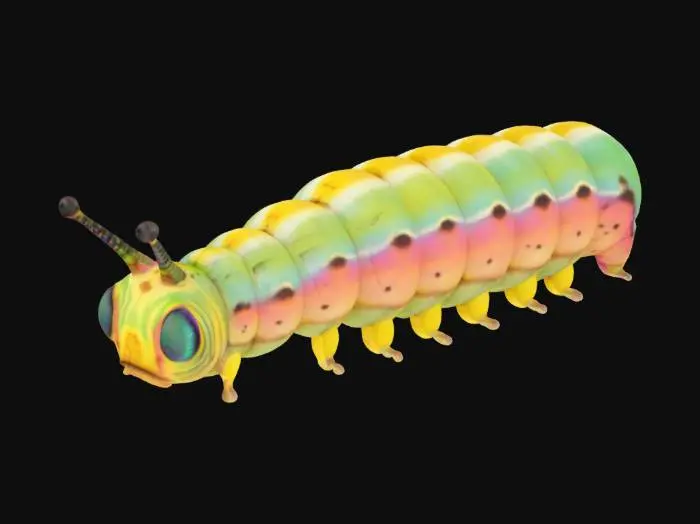 3D model for a  realistic caterpilllar with a rainbow of vibrant  pastel colors 
