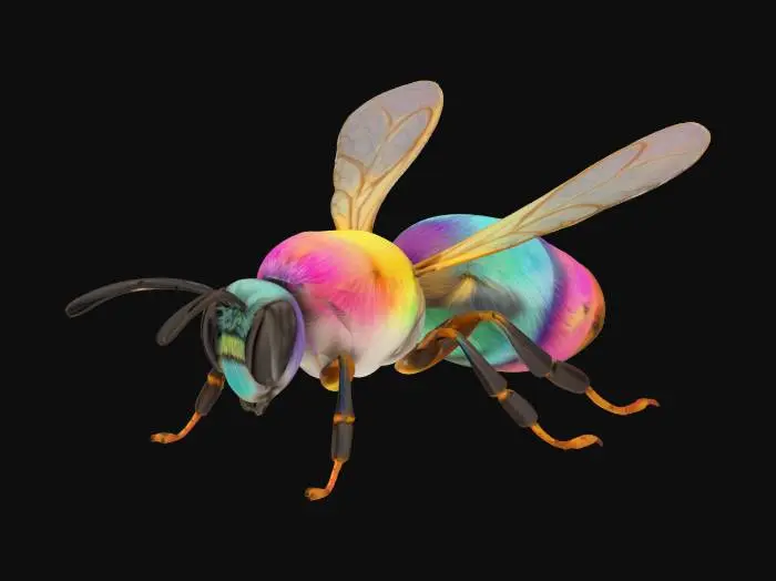 3D model for a  realistic honey bee with wings extended straight out  with a rainbow of vibrant pastel colors on fur over body. 

