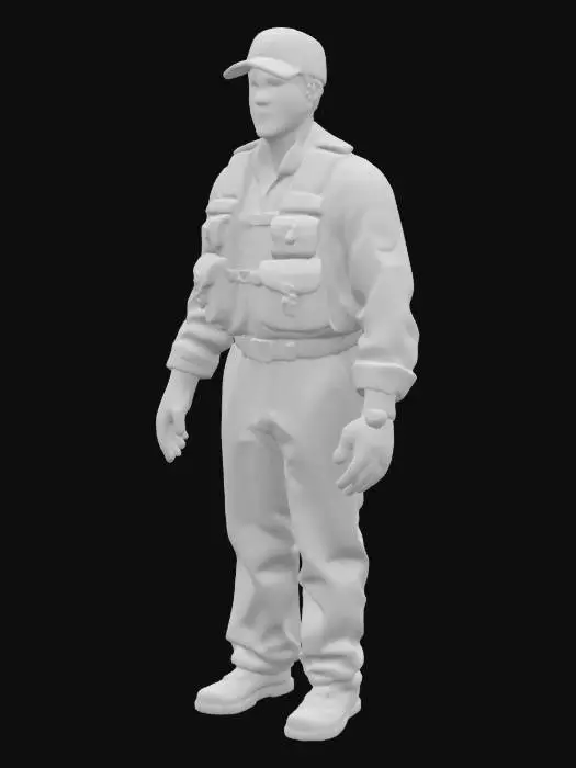 3D model for A bronze statue of a male US Coast Guard Seamen wearing a life jacket, and a baseball cap standing upright on both legs. Both arms are down to the sides. Each hand has a thumb and four fingers slighty separated.
