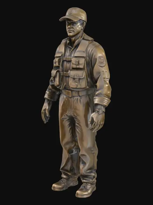 3D model for A bronze statue of a male US Coast Guard Seamen wearing a life jacket, and a baseball cap standing upright on both legs. Both arms are down to the sides. Each hand has a thumb and four fingers slighty separated.
