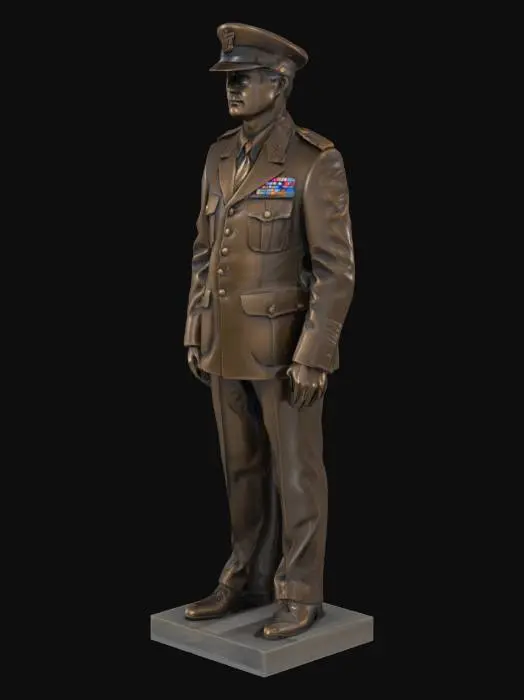 3D model for A bronze statue of a male coast guard officer in dress uniform standing upright on both legs. Both arms are down to the sides. Each hand has a thumb and four fingers slighty separated.
