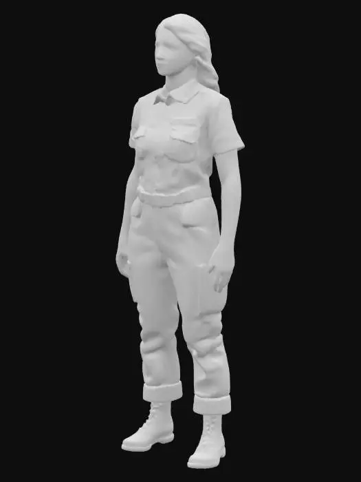 3D model for A bronzestatue of female fire ambulance medic standing upright on both legs. Both arms are down to the sides. Each hand has a thumb and four fingers slighty separated.
