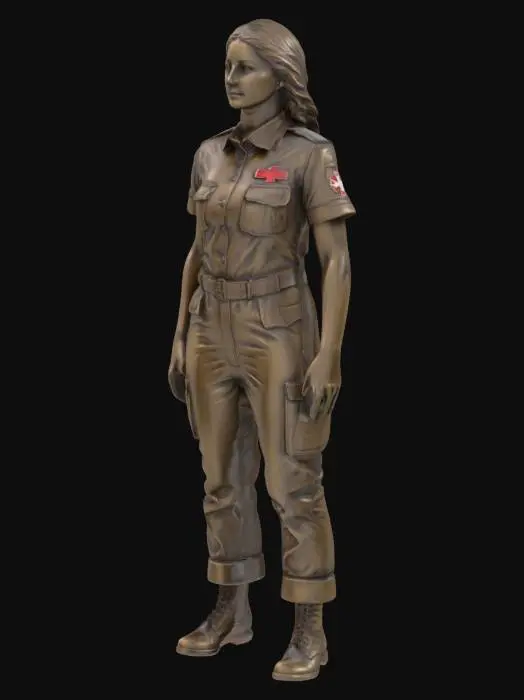 3D model for A bronzestatue of female fire ambulance medic standing upright on both legs. Both arms are down to the sides. Each hand has a thumb and four fingers slighty separated.
