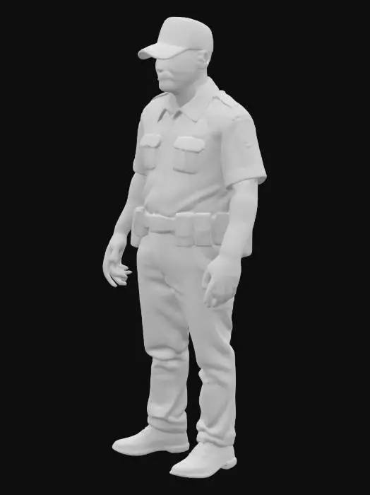 3D model for A brass statue of a police officer wearing a baseball cap. Both arms are down to the sides. Each hand has a thumb and four fingers slighty separated.
