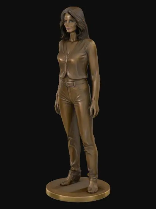3D model for a bronze statue of Courtney Cox as Monica in her Friends TV series resting on a bronze base

On normal size hands  4 fingers and 1 thumb on each hand hanging down to her side



