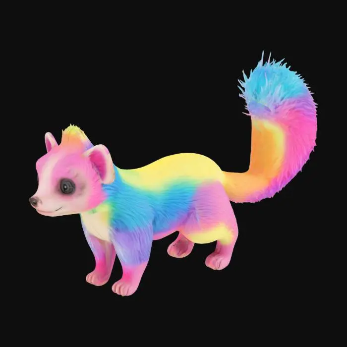 3D model for a  realistic skunk standing on all fours legs  with tail raised straight up with a rainbow of vibrant pastel colors on fur over body. 

