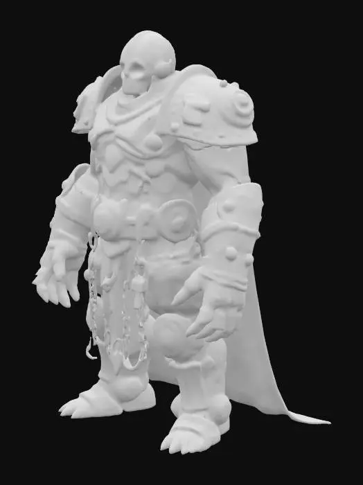 3D model for A hulking Warforged golem made from man asymmetrical interlocking plaques of steel, stone, and bronze filigree. Focus on the visible seems between different materials. Add rivets and cogs to the design. The joints are made from coiled and twisted dark brown leather straps. Bronze Buckles, Loops, and taut iron chains adorn the body. A long billowing blue cloak ripples in the wind.  