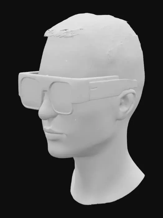 3D model for Design a futuristic pair of smart spectacles intended for deaf or hearing-impaired users. The spectacles should have:
A thin, lightweight black frame with a transparent 1.5-inch OLED display extending slightly in front of the right eye, resembling a small rectangular screen.
A tiny embedded microphone on the nose bridge or near the temples.
Sleek, minimal arms that house internal electronics like a small processing chip (Raspberry Pi Zero size) and battery compartment (no need to show internal parts, just hint at them with slightly thicker arms).
The overall style should be modern, wearable, and ergonomic, with smooth curves and minimal bulk.\n Present the model in neutral lighting with realistic material textures (plastic, glass).