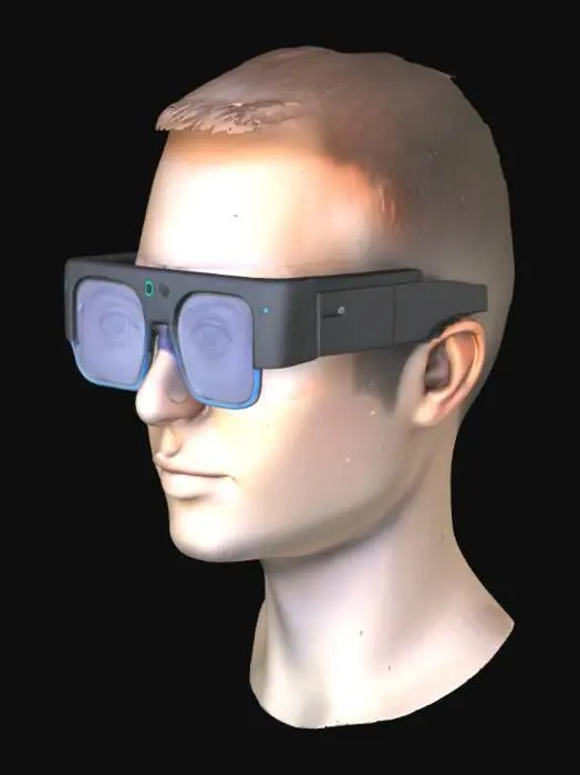 3D model for Design a futuristic pair of smart spectacles intended for deaf or hearing-impaired users. The spectacles should have:
A thin, lightweight black frame with a transparent 1.5-inch OLED display extending slightly in front of the right eye, resembling a small rectangular screen.
A tiny embedded microphone on the nose bridge or near the temples.
Sleek, minimal arms that house internal electronics like a small processing chip (Raspberry Pi Zero size) and battery compartment (no need to show internal parts, just hint at them with slightly thicker arms).
The overall style should be modern, wearable, and ergonomic, with smooth curves and minimal bulk.\n Present the model in neutral lighting with realistic material textures (plastic, glass).