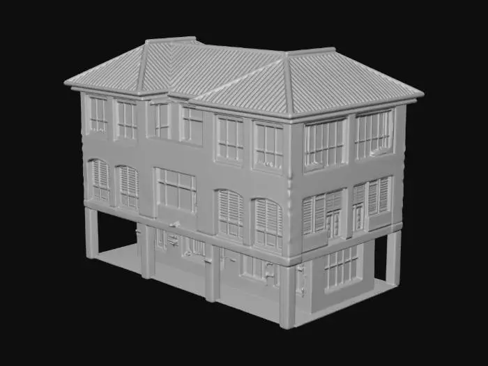 3D model for Two-Story Beige Building with Red Roof