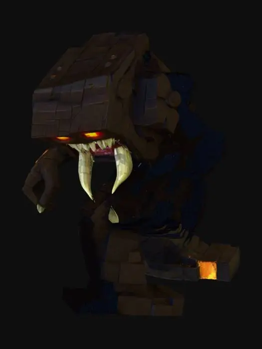 3D model for A monstrous golem inspired by a Minecraft-style texture, blocky yet terrifying, with sharp jagged teeth, glowing eyes, saliva dripping from its open mouth, dark and menacing, standing in a dimly lit cavern. Emphasize horror elements, detailed textures on the stone-like body, dramatic shadows and lighting, cinematic perspective. Realistic Minecraft-inspired, 3D textures. 