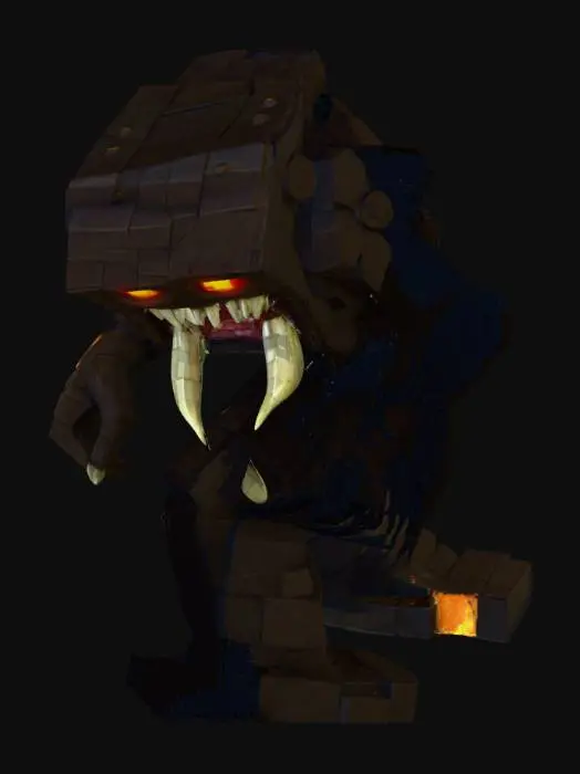 3D model for A monstrous golem inspired by a Minecraft-style texture, blocky yet terrifying, with sharp jagged teeth, glowing eyes, saliva dripping from its open mouth, dark and menacing, standing in a dimly lit cavern. Emphasize horror elements, detailed textures on the stone-like body, dramatic shadows and lighting, cinematic perspective. Realistic Minecraft-inspired, 3D textures. 