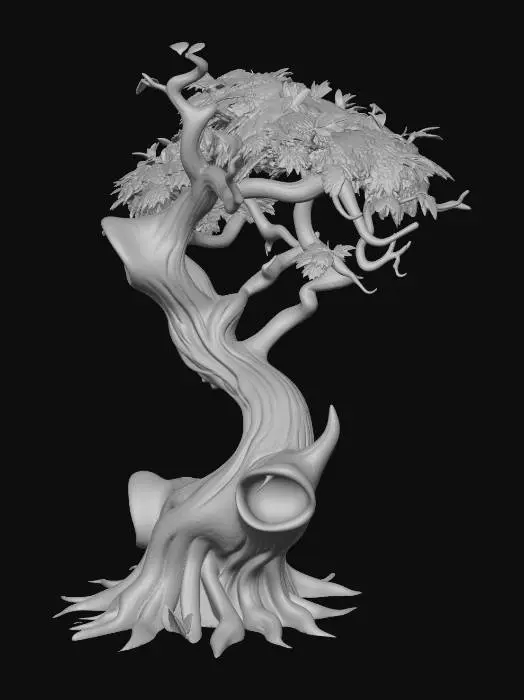 3D model for 會用樹枝行走,樹皮上有嘴尖稅的牙齒形狀的空洞,身體扭扭彎曲形狀的樹