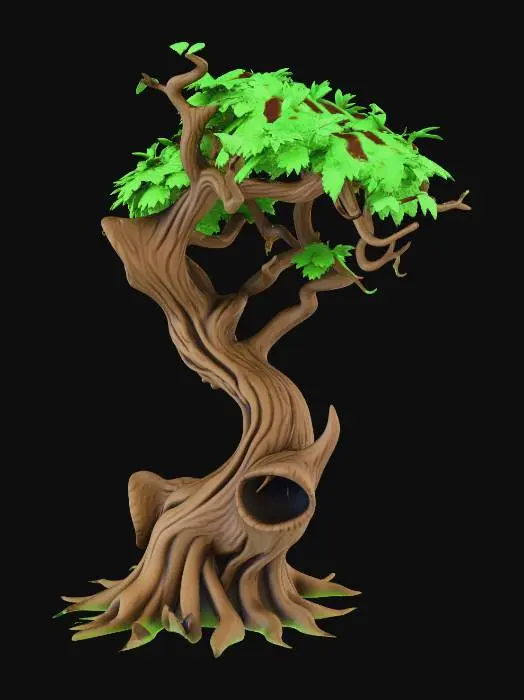 3D model for 會用樹枝行走,樹皮上有嘴尖稅的牙齒形狀的空洞,身體扭扭彎曲形狀的樹