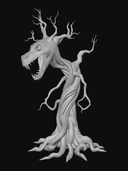 3D model for 會用兩隻樹根行走，樹皮上有嘴巴形狀的空洞，身體扭扭彎曲形狀的樹，整體要保持著吉卜力動畫般的奇幻童話質感