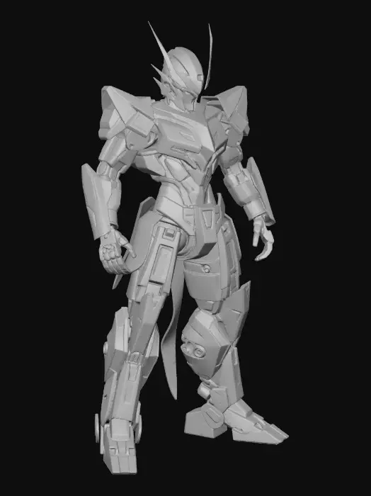 3D model for A formidable futuristic samurai mecha standing tall, its frame constructed from hardened chrome steel and reinforced carbon fiber. The color scheme features deep crimson and obsidian black, with sharp, almost predatory, design lines that convey strength and agility. Its metallic texture is smooth yet robust, with visible hydraulic pistons and articulated joints, hinting at complex internal mechanisms and powerful movements, all in a ready stance.