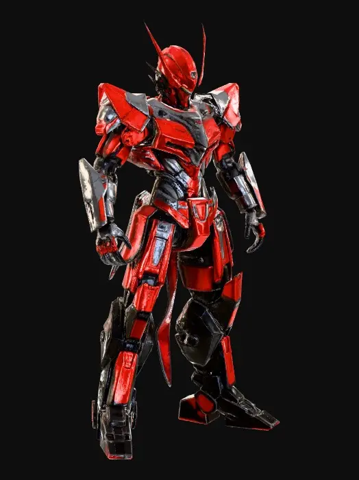 3D model for A formidable futuristic samurai mecha standing tall, its frame constructed from hardened chrome steel and reinforced carbon fiber. The color scheme features deep crimson and obsidian black, with sharp, almost predatory, design lines that convey strength and agility. Its metallic texture is smooth yet robust, with visible hydraulic pistons and articulated joints, hinting at complex internal mechanisms and powerful movements, all in a ready stance.