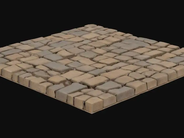 3D model for Ein natürlicher ineinandergreifender Bodenbelag als Textur, bestehend aus einer dunkelbraunen, erdigen Basis, in die zahlreiche unregelmäßige Steine und Kiesel unterschiedlicher Größe eingebettet sind. Die Steine sind überwiegend gräulich bis hellbraun, mit glatten, leicht abgenutzten Oberflächen und vielfältigen, meist länglichen oder ovalen Formen. Die umgebende Textur ist körnig und trocken, was dem Untergrund ein raues, unebenes und festes Aussehen verleiht, das an einen unbefestigten Weg oder Schotterboden erinnert.