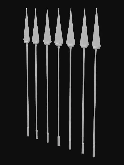 3D model for 5 Speere, die senkrecht auf dem Boden stehen. Der Boden soll hierbei nicht gezeichnet werden. Der Still soll im handgezeichneten und bemalten Stil sein
