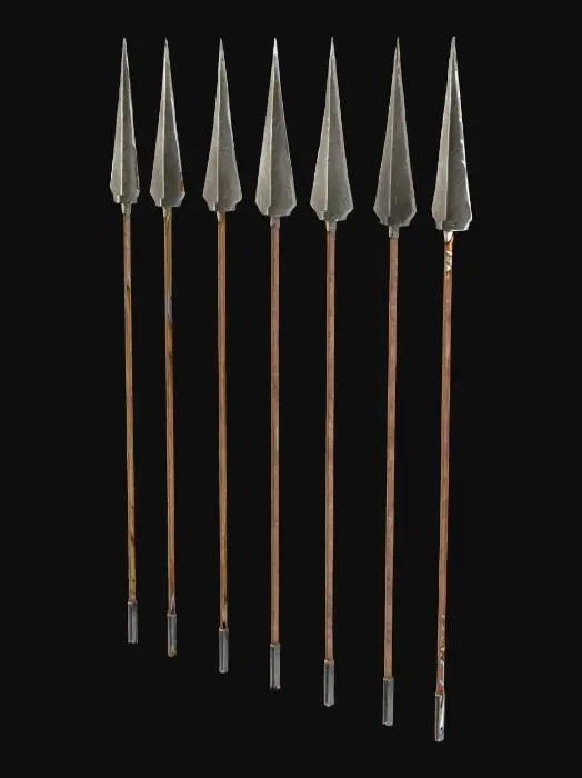 3D model for 5 Speere, die senkrecht auf dem Boden stehen. Der Boden soll hierbei nicht gezeichnet werden. Der Still soll im handgezeichneten und bemalten Stil sein
