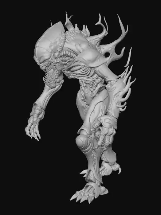 3D model for A horrific metallic being with sharp teeth and a deformed structure. multiple metallic red glowing eyes., #villain#