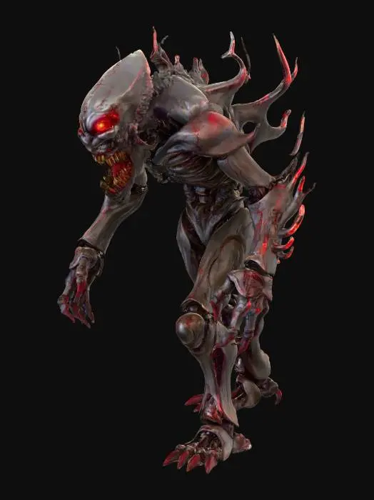 3D model for A horrific metallic being with sharp teeth and a deformed structure. multiple metallic red glowing eyes., #villain#