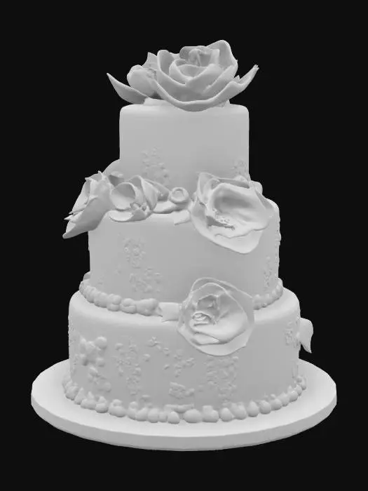 3D model for generate a three-layer cake with flowers around the side. The cake is white, the flowers are pink. There are some green leaves around the flowers, too. Pearls on the cake