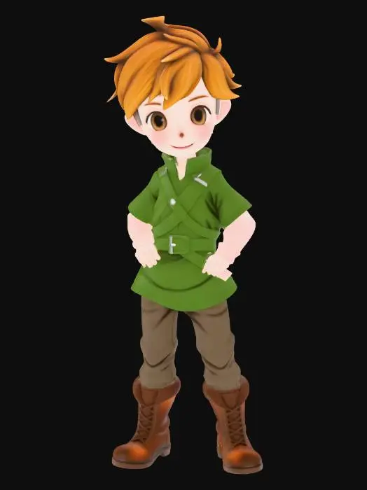3D model for i want a cute little hero for my rpg game, short brown hair, blue eyes, and basic clothes