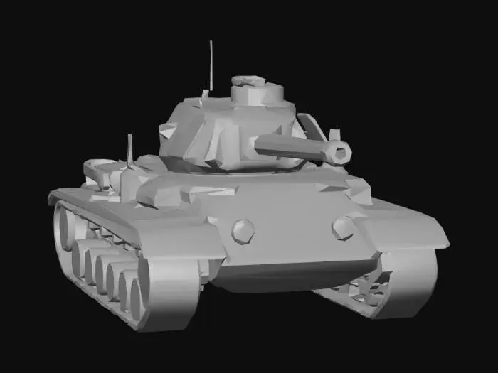 3D model for A realistic Tiger 2 tank with heavy battle damage, with the turret rotated a bit, and it is in the process of firing, with a muzzle flash at the end of the barrel