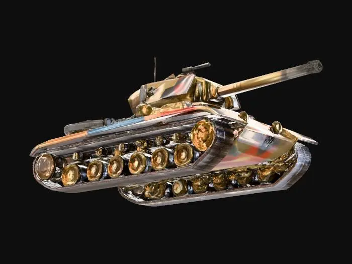 3D model for A realistic Tiger 2 tank with heavy battle damage, with the turret rotated a bit, and it is in the process of firing, with a muzzle flash at the end of the barrel