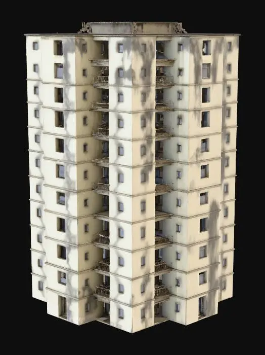 3D model for Create a 3D model of an abandoned residential block for a psychological horror game. The building is multi-story, rectangular, and symmetrical, with repeating identical apartment units. Exterior walls are cracked and weathered, with peeling paint and occasional exposed concrete. Windows are empty or broken, evenly spaced along each floor. Narrow hallways connect stairwells and elevator shafts. Flat roofs have subtle wear and debris. Balconies are small, evenly aligned, and show signs of rusted railings. The overall architecture is utilitarian and monotonous, emphasizing repetition and symmetry. Focus solely on structural elements; do not include furniture or interior decoration.